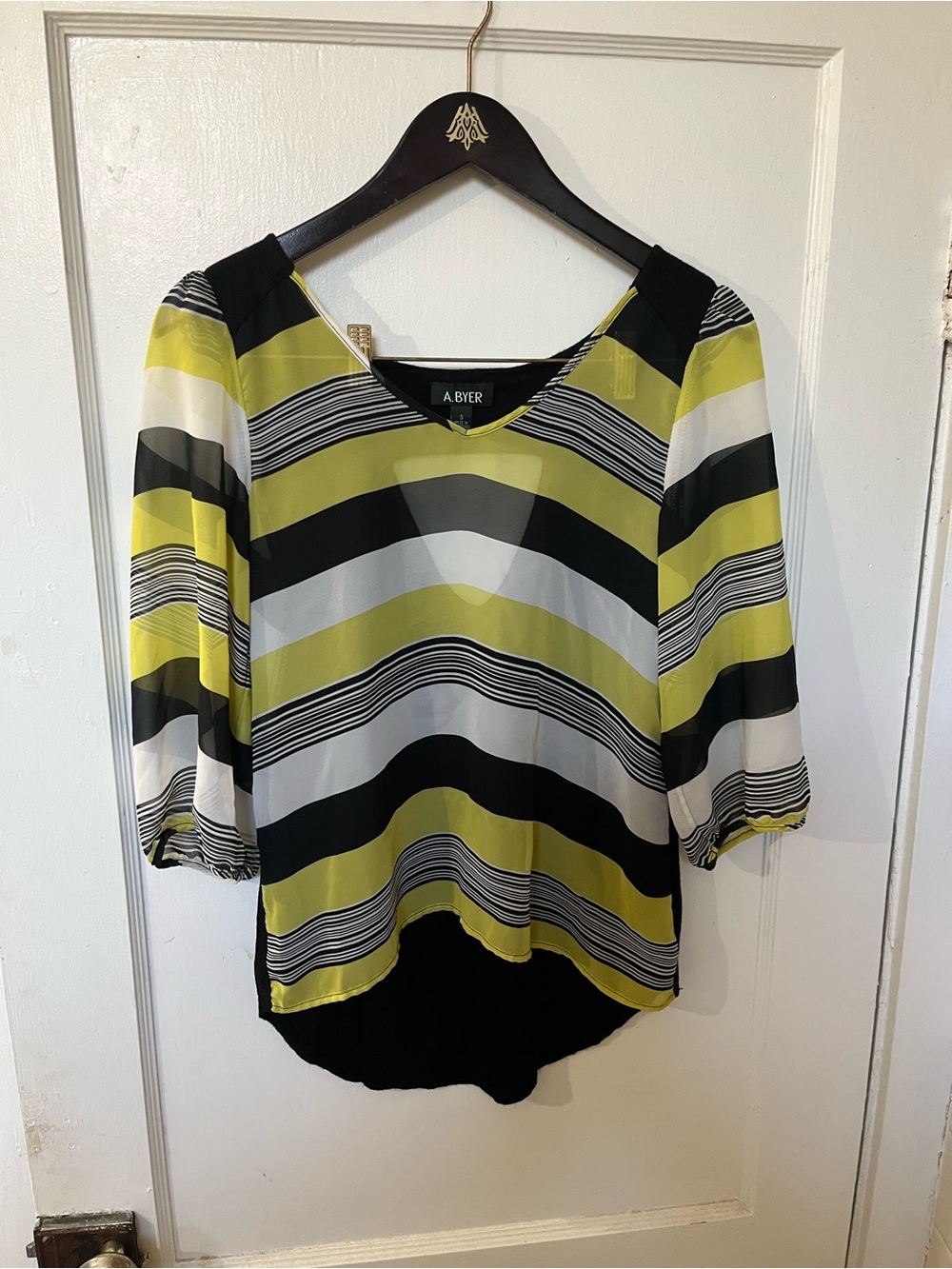 A. Byer Striped Chiffon Layered V-Neck Blouse Top Size Small EUC